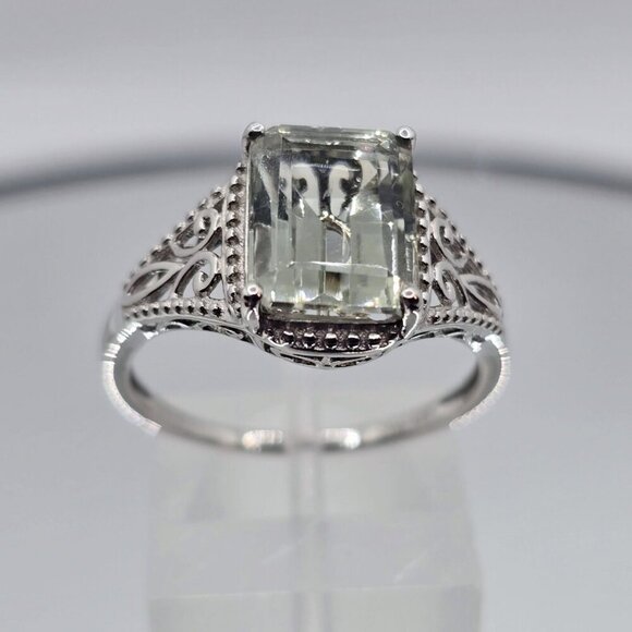 Prasiolite Solitaire ✦ 3.40 CT Octagon Green Quartz Ring ✦ S925 Platinum Size 9 - Picture 6 of 16